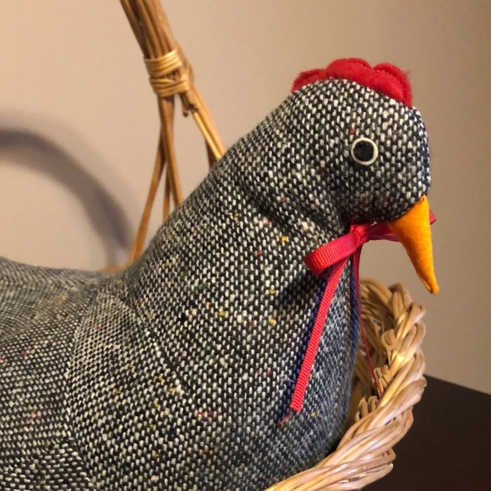 Vintage Estate Handmade Tweed Fabric Stuffed Hen + Wicker Basket